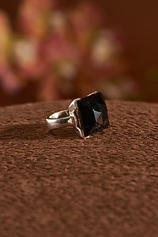 White Finish Black Onyx Gemstone Ring In Sterling Silver