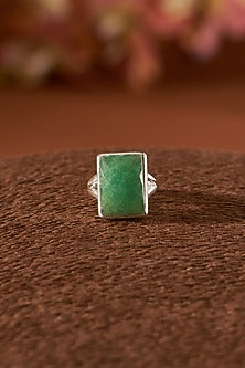 White Finish Green Onyx Gemstone Ring In Sterling Silver