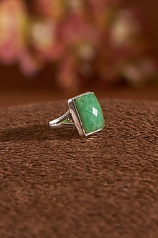 White Finish Green Onyx Gemstone Ring In Sterling Silver