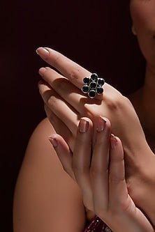 White Finish Black Onyx Gemstone Ring In Sterling Silver
