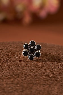 White Finish Black Onyx Gemstone Ring In Sterling Silver