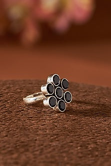 White Finish Black Onyx Gemstone Ring In Sterling Silver