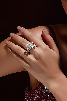 White Finish Coral & Pearl Gemstone Ring In Sterling Silver
