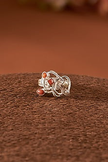 White Finish Coral & Pearl Gemstone Ring In Sterling Silver