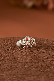 White Finish Coral & Pearl Gemstone Ring In Sterling Silver