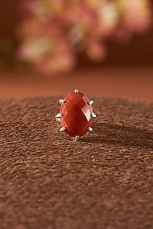 White Finish Red Onyx Gemstone Ring In Sterling Silver