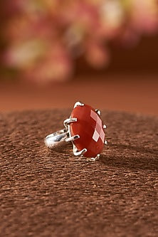 White Finish Red Onyx Gemstone Ring In Sterling Silver