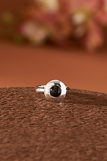 White Finish Black Onyx Gemstone Ring In Sterling Silver