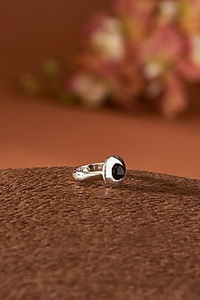 White Finish Black Onyx Gemstone Ring In Sterling Silver