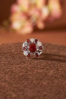 White Finish Red Onyx Gemstone Ring In Sterling Silver