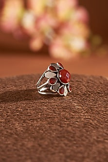 White Finish Red Onyx Gemstone Ring In Sterling Silver