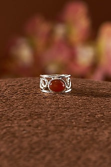 White Finish Red Onyx Gemstone Ring In Sterling Silver
