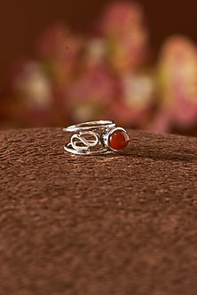 White Finish Red Onyx Gemstone Ring In Sterling Silver