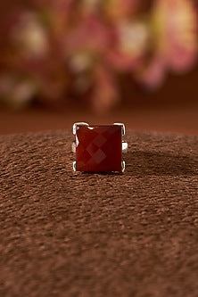 White Finish Red Onyx Gemstone Ring In Sterling Silver