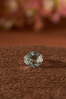 White Finish Blue Topaz Gemstone Ring In Sterling Silver