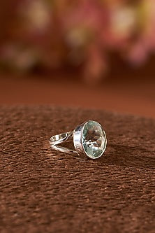 White Finish Blue Topaz Gemstone Ring In Sterling Silver