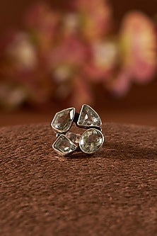 White Finish Green Amethyst Gemstone Ring In Sterling Silver