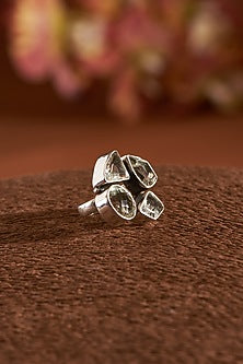 White Finish Green Amethyst Gemstone Ring In Sterling Silver