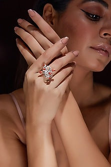 White Finish Coral Gemstone Ring In Sterling Silver