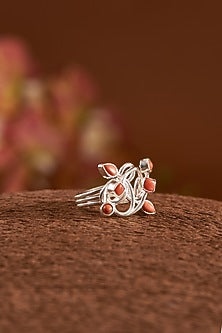 White Finish Coral Gemstone Ring In Sterling Silver