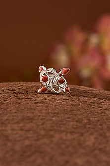 White Finish Coral Gemstone Ring In Sterling Silver