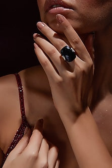 White Finish Black Onyx Gemstone Ring In Sterling Silver