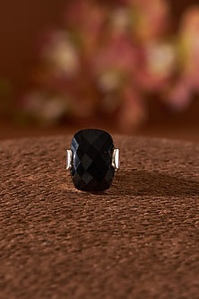 White Finish Black Onyx Gemstone Ring In Sterling Silver