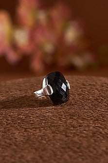 White Finish Black Onyx Gemstone Ring In Sterling Silver