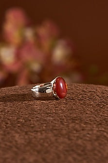 White Finish Red Onyx Gemstone Ring In Sterling Silver