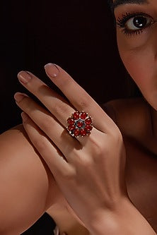 White Finish Red Onyx Gemstone Ring In Sterling Silver