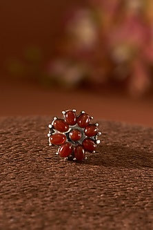 White Finish Red Onyx Gemstone Ring In Sterling Silver