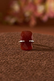White Finish Red Onyx Gemstone Ring In Sterling Silver