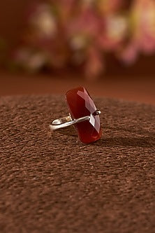 White Finish Red Onyx Gemstone Ring In Sterling Silver