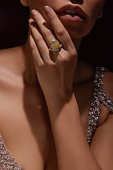 White Finish Gold Rutilated Quartz Gemstone Ring In Sterling Silver