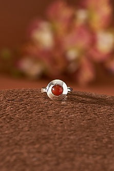 White Finish Red Onyx Gemstone Ring In Sterling Silver
