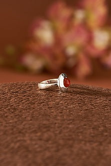 White Finish Red Onyx Gemstone Ring In Sterling Silver