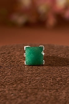White Finish Emerald Agate Gemstone Ring In Sterling Silver