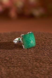 White Finish Emerald Agate Gemstone Ring In Sterling Silver