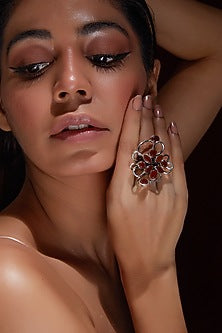 White Finish Red Onyx Gemstone Ring In Sterling Silver