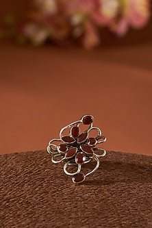 White Finish Red Onyx Gemstone Ring In Sterling Silver