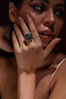 White Finish Black Rutilated Quartz Gemstone Ring In Sterling Silver
