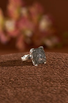 White Finish Black Rutilated Quartz Gemstone Ring In Sterling Silver