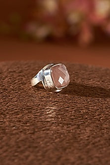 White Finish Rose Quartz Gemstone Ring In Sterling Silver