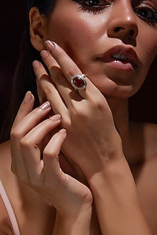White Finish Red Onyx Gemstone Ring In Sterling Silver