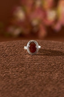 White Finish Red Onyx Gemstone Ring In Sterling Silver
