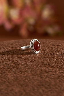 White Finish Red Onyx Gemstone Ring In Sterling Silver