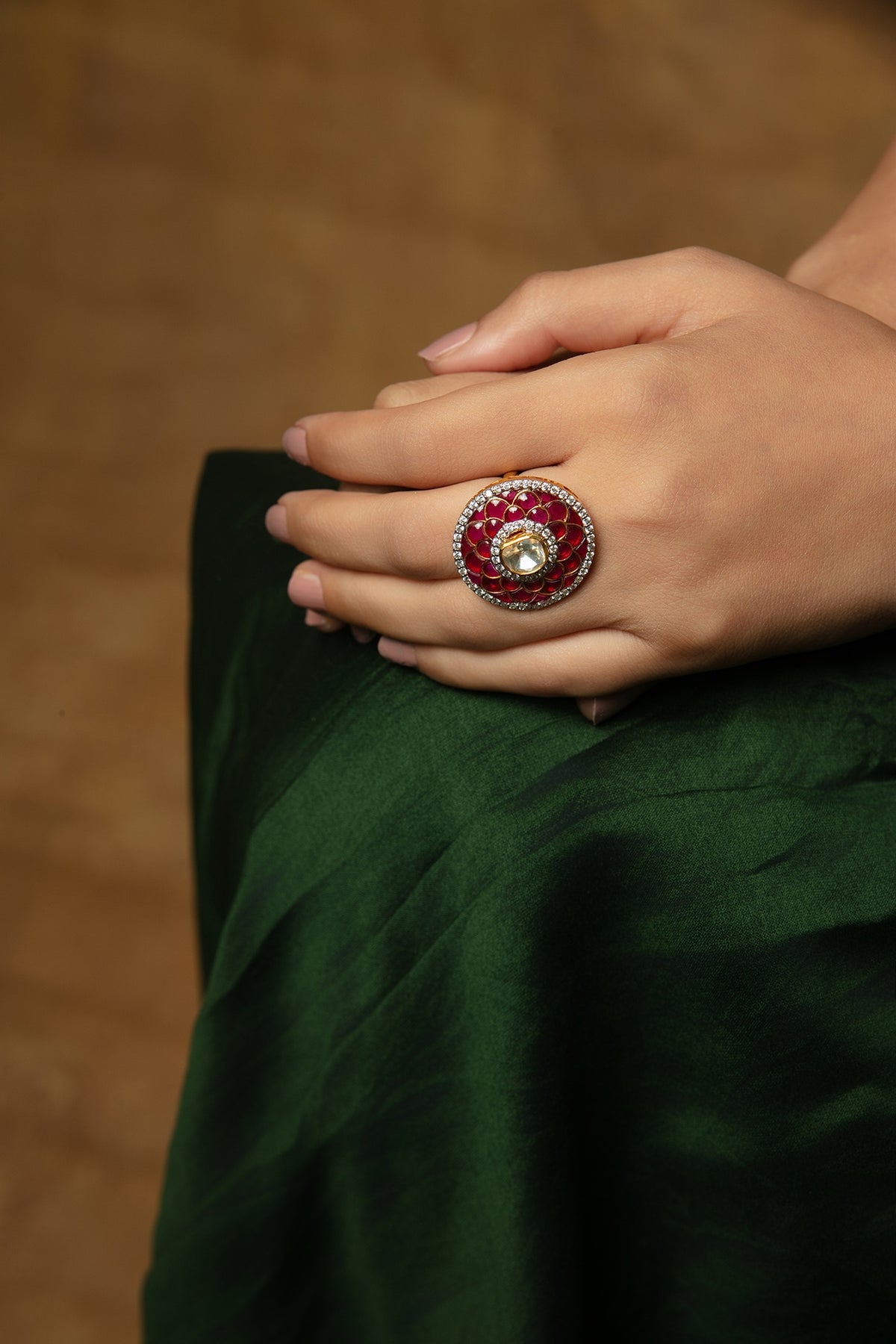 Gold Plated Moissanite & Ruby Floral Ring In Sterling Silver