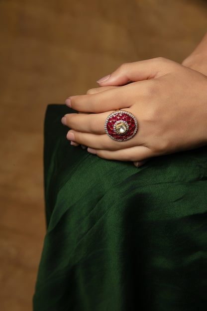 Gold Plated Moissanite & Ruby Floral Ring In Sterling Silver