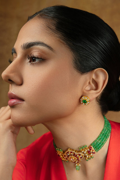 Gold Plated Emerald & Moissanite Stud Earrings In Sterling Silver