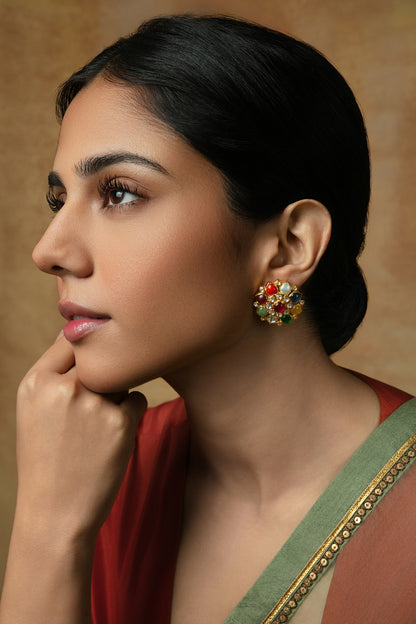 Gold Plated Moissanite Polki & Navratna Stone Stud Earrings In Sterling Silver